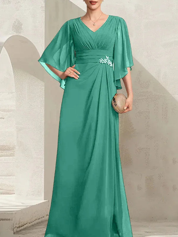 Vestido de madrina de novia de gasa largo hasta el suelo, corte columna y escote en V, con lentejuelas plisadas y abalorios