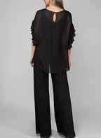 Chiffon Mother of the Bride Pantsuit with Scoop Neck and Half Sleeves