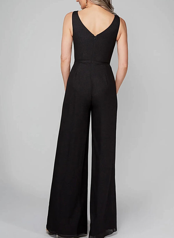 Chiffon Mother of the Bride Pantsuit with Scoop Neck and Half Sleeves