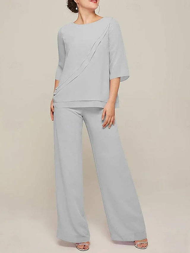 Tute con scollo rotondo e maniche a mezzaluna in chiffon, completi pantalone per madre della sposa con balze