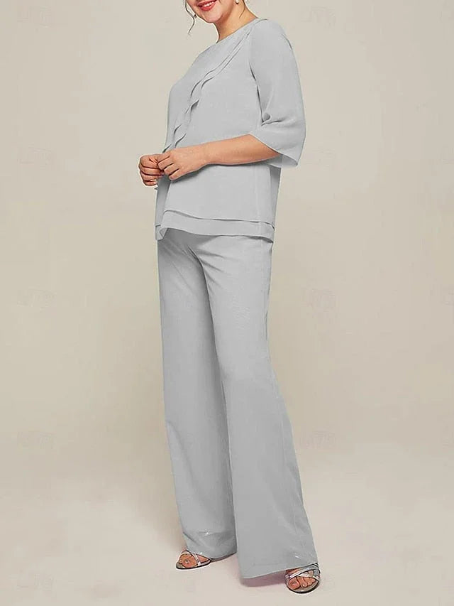 Combinaisons à encolure dégagée manches mi-longues en mousseline pour mère de la mariée, pantalons avec volants