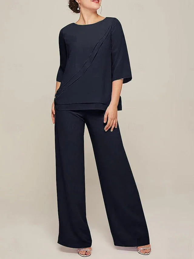 Tute con scollo rotondo e maniche a mezzaluna in chiffon, completi pantalone per madre della sposa con balze