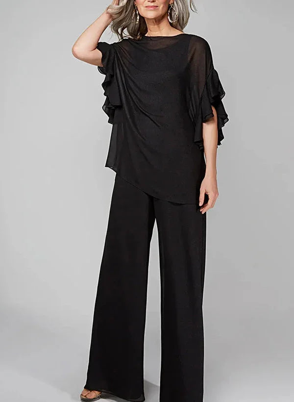 Tute intere con scollo rotondo e maniche a metà, in chiffon, completi pantalone per la madre della sposa