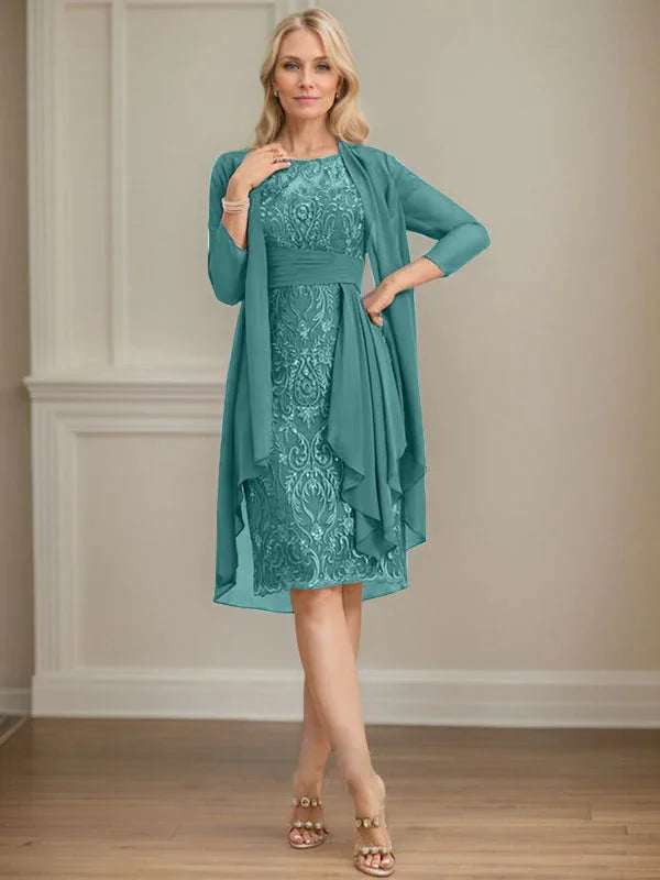 Etui/Säulenförmiges Kleid mit Illusion, knielang, aus Spitze und Chiffon, Brautmutterkleid mit herabfließenden Rüschen und Pailletten