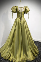 Robe longue de bal en tulle verte à col en V Robe de soirée ligne A Y898