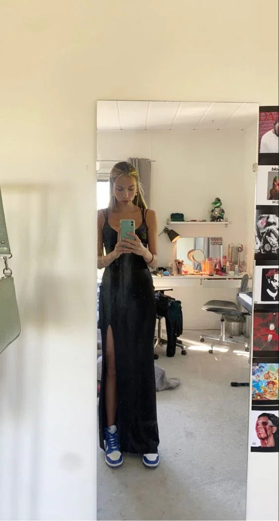 Vestido longo elegante preto para baile com racha Vestido de noite preto Y7250