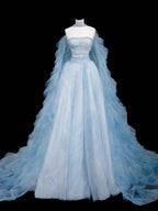 Vestido de baile longo azul sonho em tule com contas, corte em linha A, vestido de noite longo Y8691