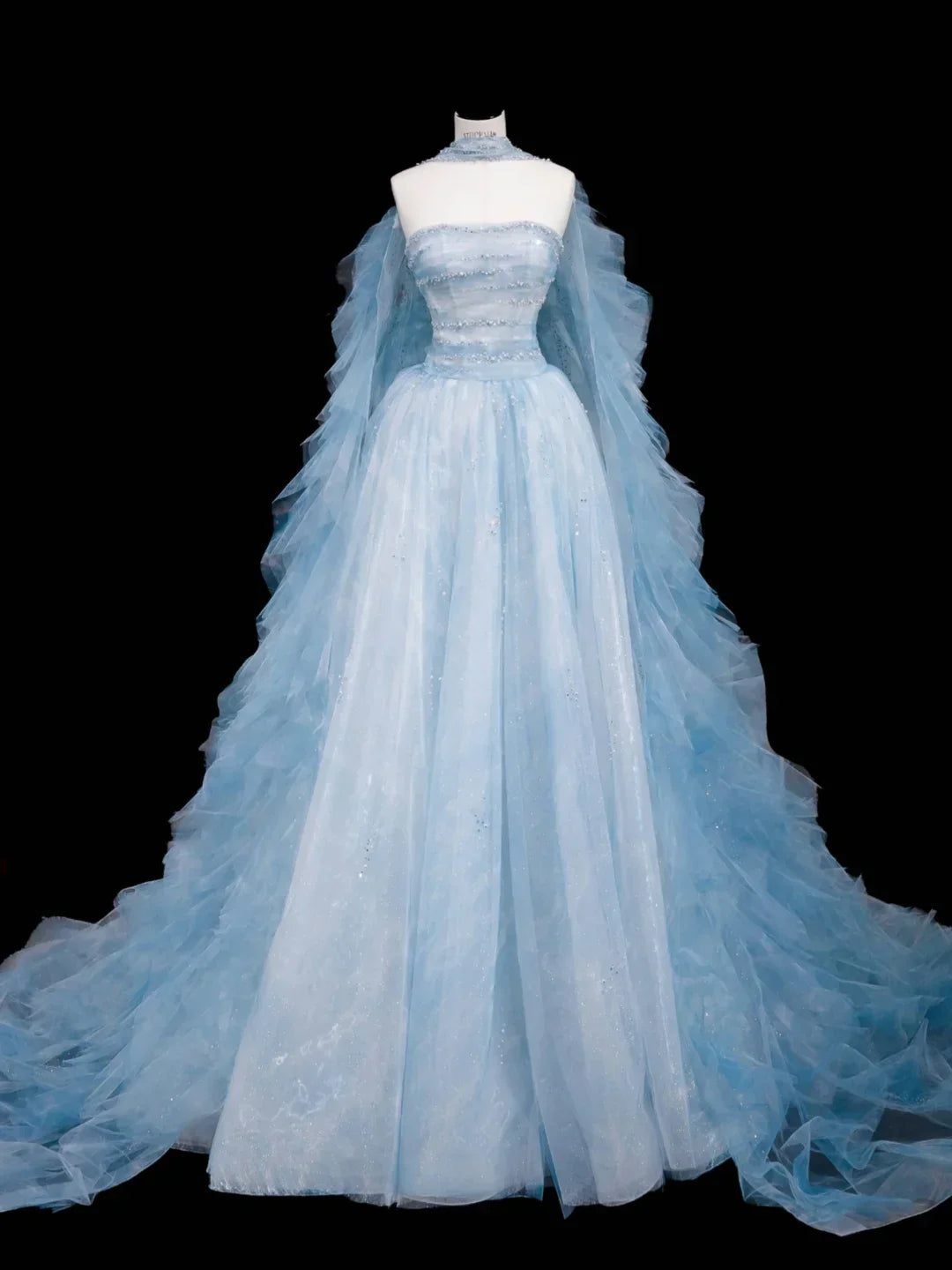 Vestido de baile longo azul sonho em tule com contas, corte em linha A, vestido de noite longo Y8691
