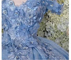 Vestido de baile azul com ombros descobertos, vestido cintilante de baile com flores S26908