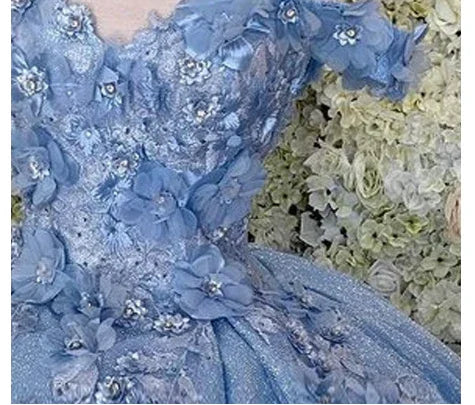 Vestido de baile azul com ombros descobertos, vestido cintilante de baile com flores S26908