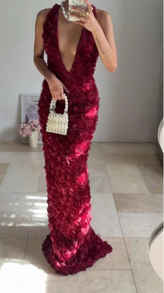 Vestido Longo de Festa e Baile com Decote Profundo em V, Cintura Justa, Flores de Rosa Borgonha Deslumbrantes Y8504