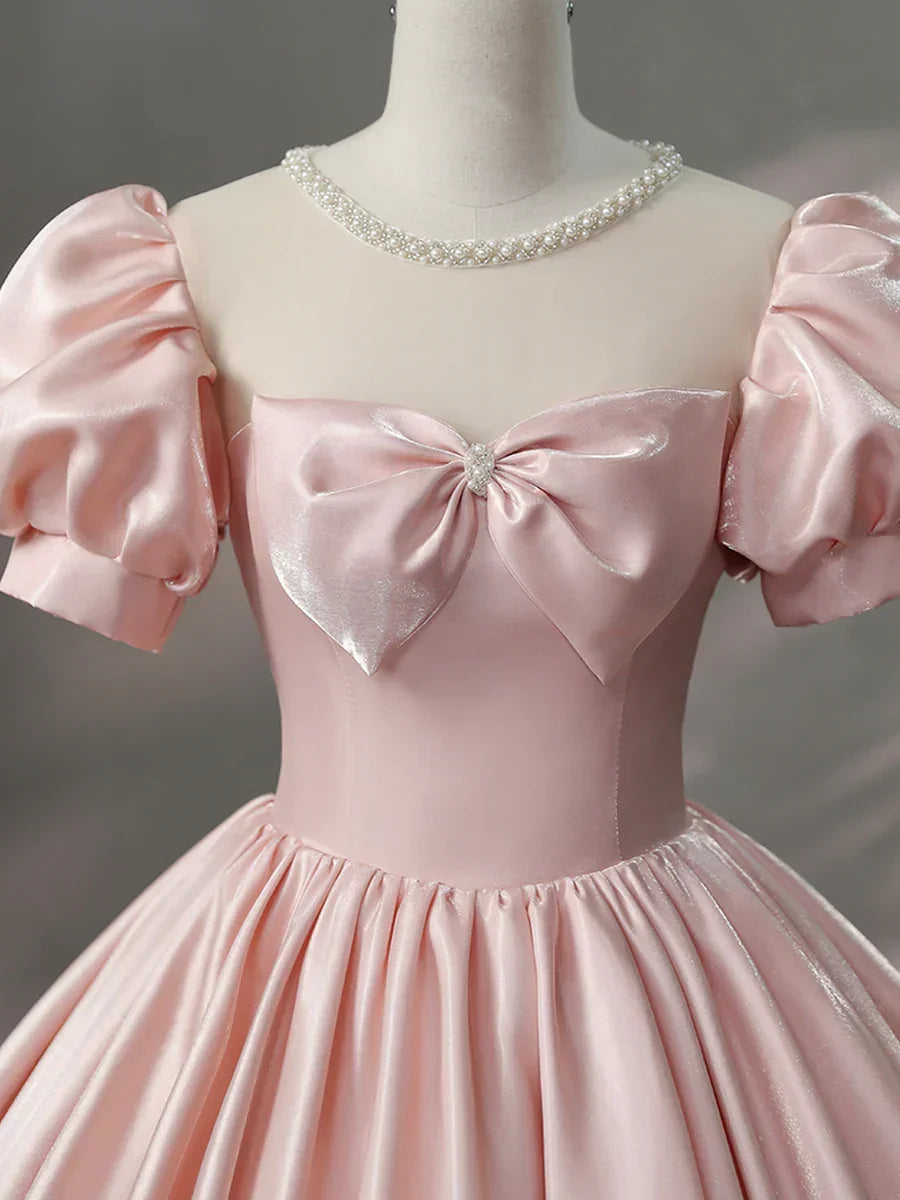 Beautiful Pink Scoop Neck Satin Floor Length Prom Dress A-Line Short Sleeve Evening Dress with Bow Y6082