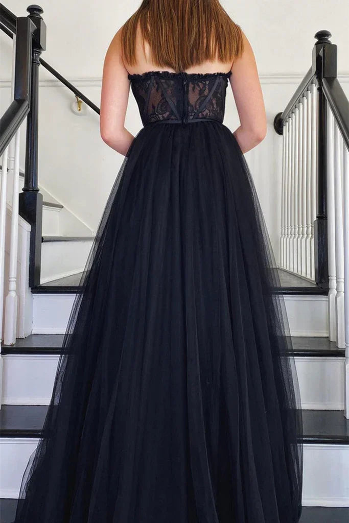 Schulterfreies langes Ballkleid aus schwarzer Spitzen-Tüll, schwarzes Spitzen-Abendkleid, schwarzes Festkleid Y205