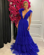 Vestido de noche sexy de tul en capas con escote profundo en V, espalda descubierta, fruncido, cola barrida, sin espalda, cortes laterales, línea en A, plisado, vestido de baile Y4698