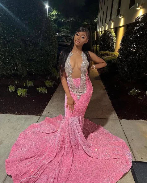 Hermoso vestido de noche rosa con lentejuelas y cuentas estilo sirena para baile de graduación Y8016