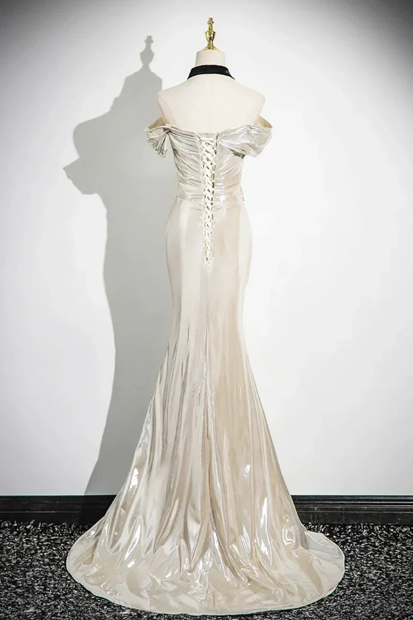Charming Champagne Off The Shoulder Satin Prom Dress Mermaid Evening Gown Y8202