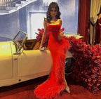 Vestido de fiesta rojo con tirantes de sirena sexy y plumas, vestido largo de noche Y7901