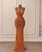 Vestido de noite laranja com alças finas, brilhante, estilo sereia, vestido de baile Y6105
