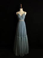 Vestido de noite simples azul em tule com contas, corte em A, alças finas, decote em V, vestido de baile Y8649