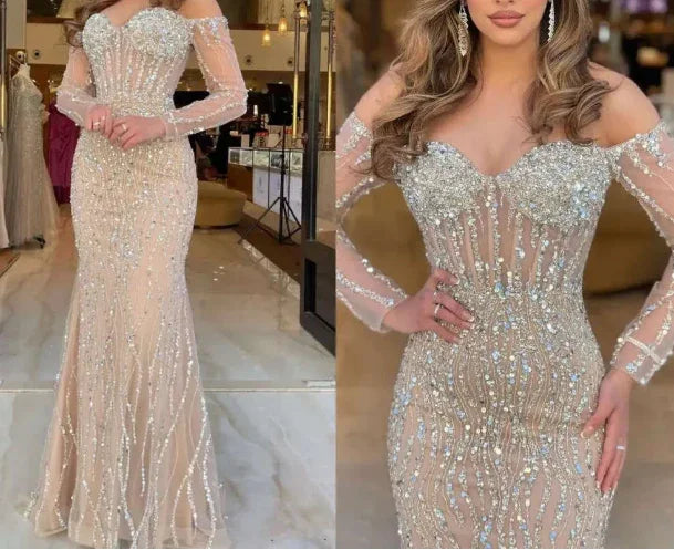 Vestido de fiesta largo sin tirantes con cuentas y tul, corte sirena, modelo Y7629