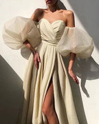 Robes de bal pour femmes à manches bouffantes avec fente, longue robe de soirée scintillante romantique de fée, Y2420