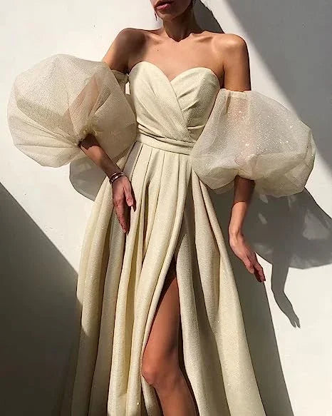 Robes de bal pour femmes à manches bouffantes avec fente, longue robe de soirée scintillante romantique de fée, Y2420