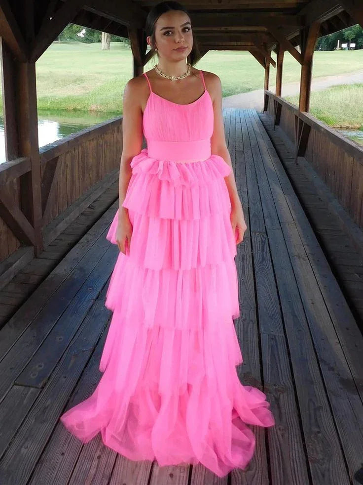 Vestidos largos de fiesta rosa con espalda abierta y capas Vestidos formales rosas para graduación y noche Y4954