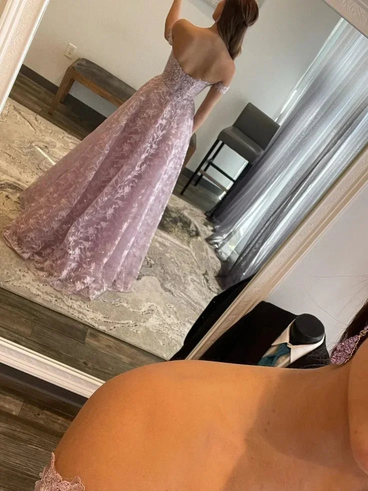 Off Shoulder Lilac Lace Long Prom Dresses Off the Shoulder Formal Dresses Lilac Evening Dresses Y5340