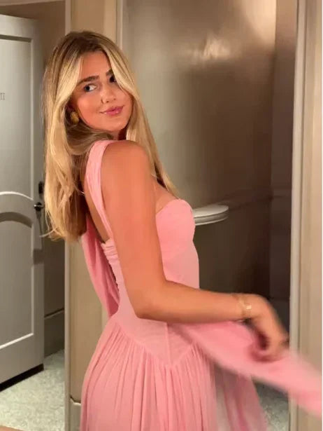 Vestido longo de baile de chiffon rosa com decote em coração Y8479