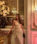 Champagne One Shoulder Party Prom Dress Sexy Satin Evening Dress Y8078