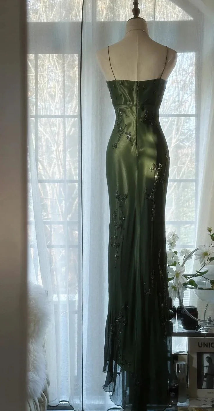 Vestido Vintage Justo Verde Escuro em Cetim com Contas para Baile Vestido Longo de Noite Y8557