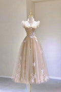 Champagne Lace Tea Length Prom Dresses A-Line Evening Dresses Y6471