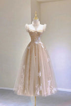 Champagne Lace Tea Length Prom Dresses A-Line Evening Dresses Y6471