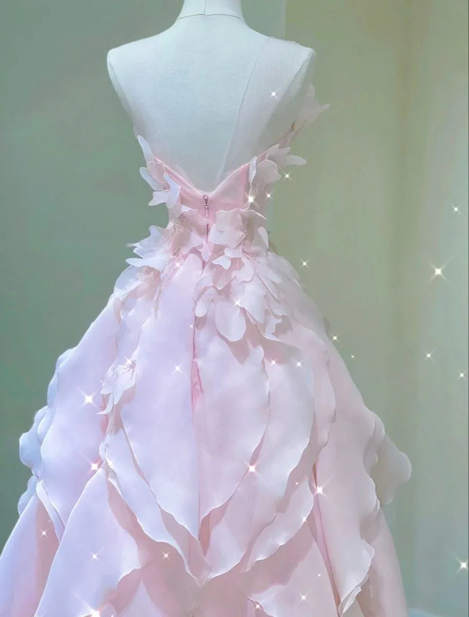 Vestido de Princesa com Folhos Cor-de-Rosa Sonhadora, Vestido de Baile Cor-de-Rosa Y1971