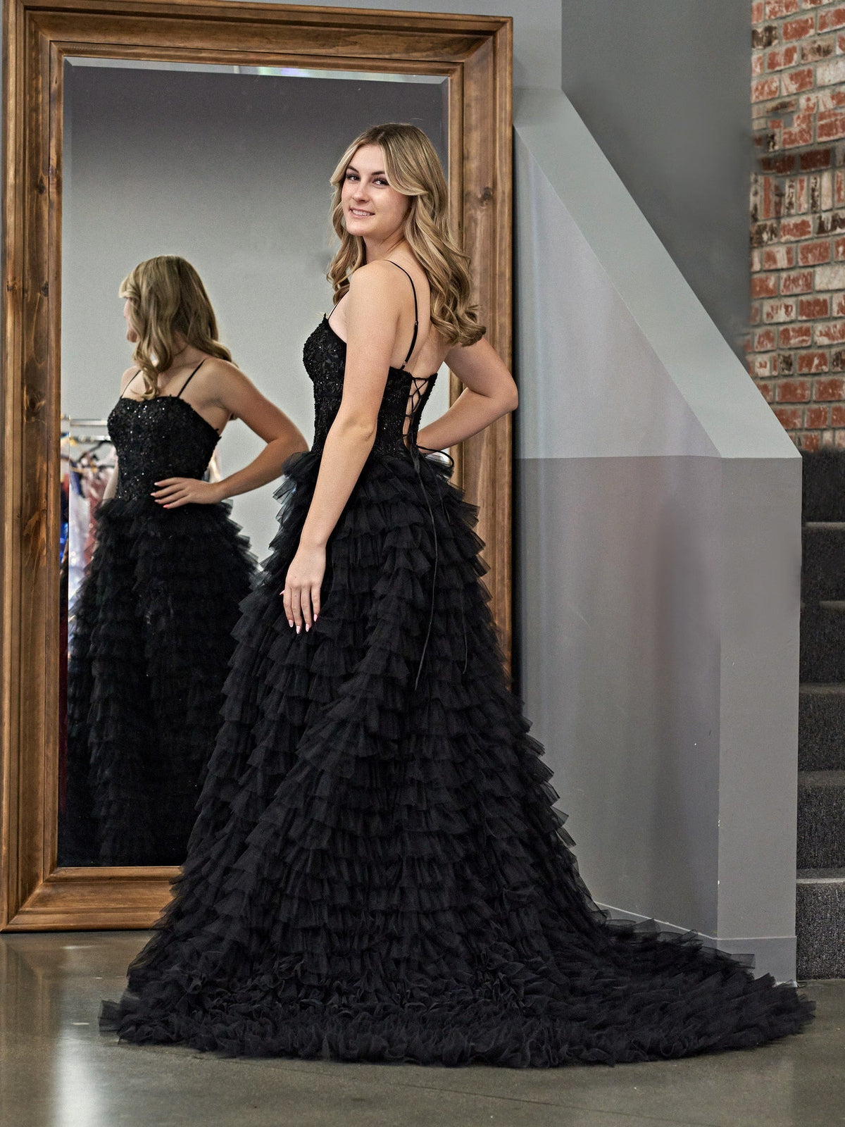 A-Line Tiered Sequins Tulle Long Prom Dress