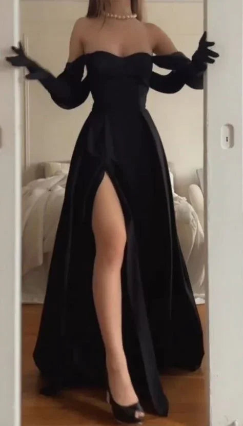 Vestido longo de noite preto na moda, corte evasê, com racha Y4064