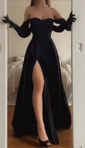Vestido longo de noite preto na moda, corte evasê, com racha Y4064