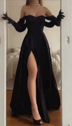 Vestido longo de noite preto na moda, corte evasê, com racha Y4064