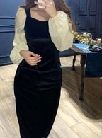 Winterliches Samtkleid mit V-Ausschnitt, elegant, schwarz abgesteppt, Damen, Retro, hohe Taille, Puffärmel, Abendkleid Y5673