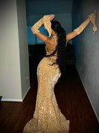 Black Girl Sexy Halter Sequin Red Prom Dress Long Mermaid Evening Dress Y7822