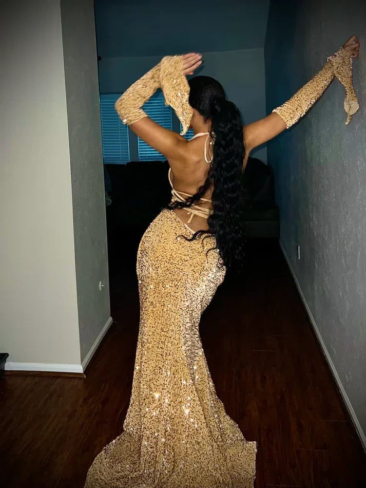 Black Girl Sexy Halter Sequin Red Prom Dress Long Mermaid Evening Dress Y7822