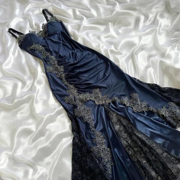 Vintage marineblaue Satin-Spitzenapplikationen Meerjungfrau-Abendkleid Ballkleid Y8497