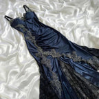Vintage marineblaue Satin-Spitzenapplikationen Meerjungfrau-Abendkleid Ballkleid Y8497