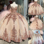 Vestidos de Baile Sweet 16 Quinceanera Cor Rosa Dourado com Aplicações de Lantejoulas Decote Coração Modelo Y401