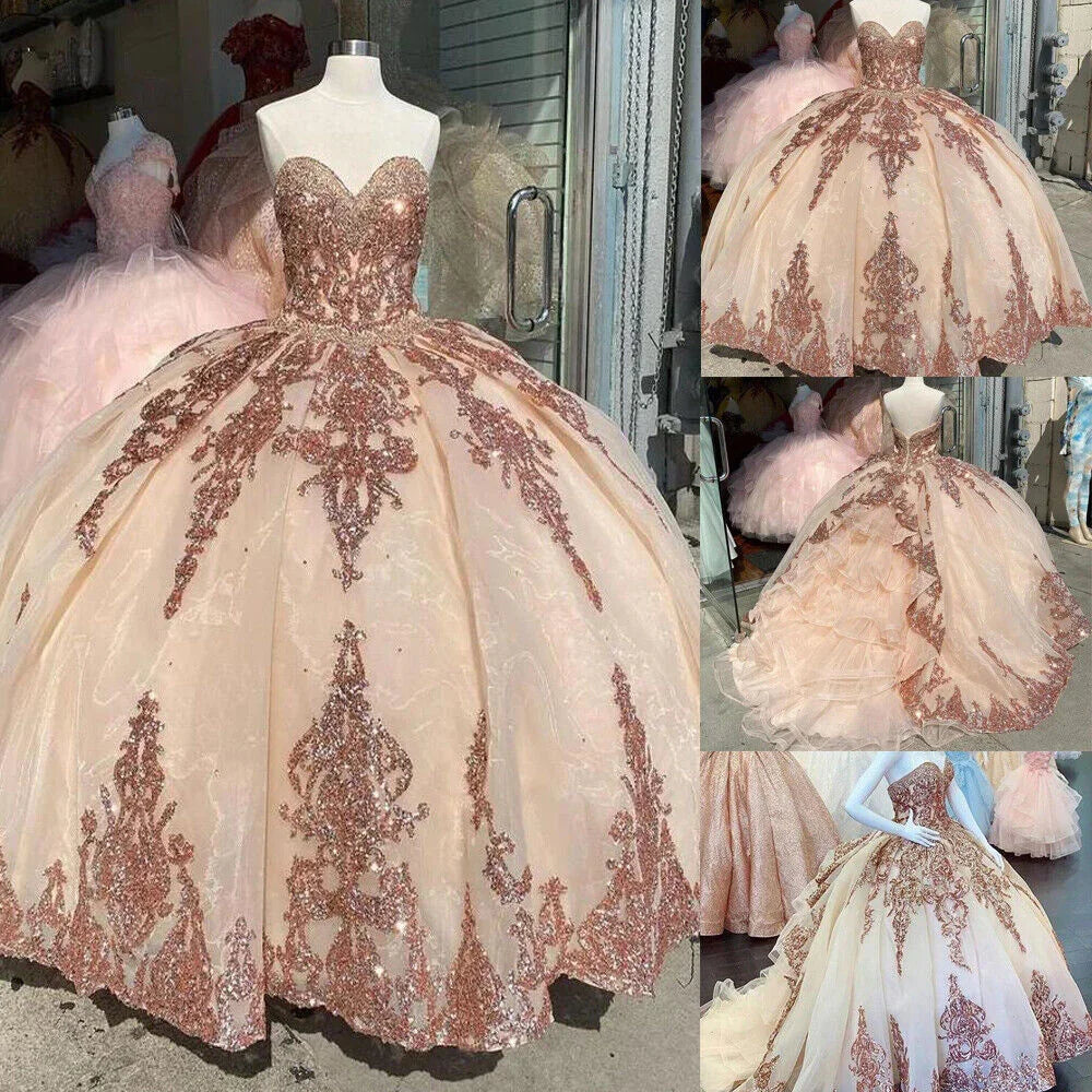 Vestidos de Baile Sweet 16 Quinceanera Cor Rosa Dourado com Aplicações de Lantejoulas Decote Coração Modelo Y401