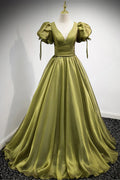 Robe longue de bal en tulle verte à col en V Robe de soirée ligne A Y898