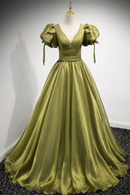 Robe longue de bal en tulle verte à col en V Robe de soirée ligne A Y898