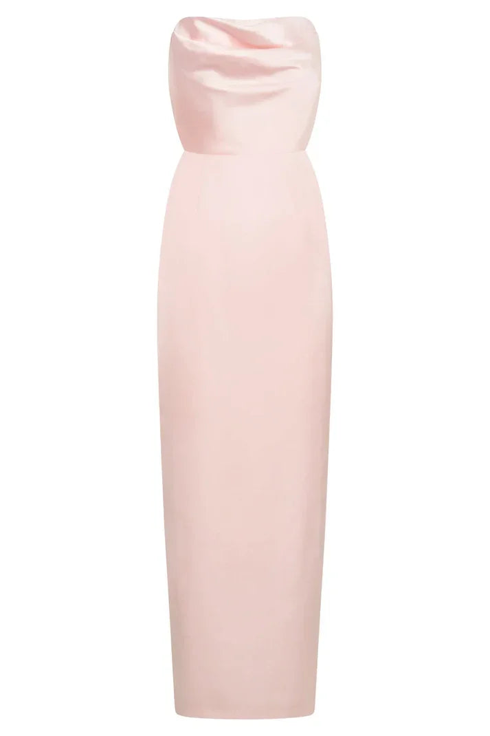 Vestido largo de gala sin tirantes de satén rosa Y7790