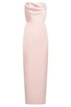 Vestido largo de gala sin tirantes de satén rosa Y7790