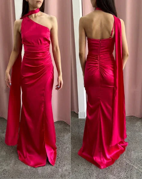 Vestido de Festa Longo Elegante em Cetim Rosa Choque com Um Ombro Só Modelo Y8419